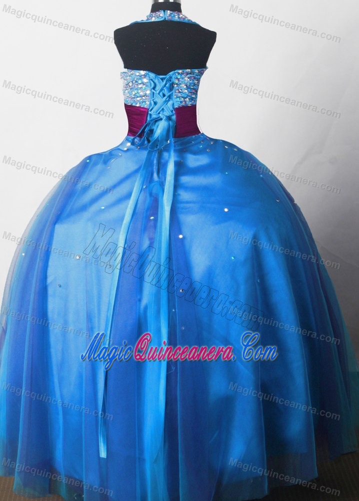 Halter Top Blue Beaded Little Girl Pageant Dress Purple Sash Accent