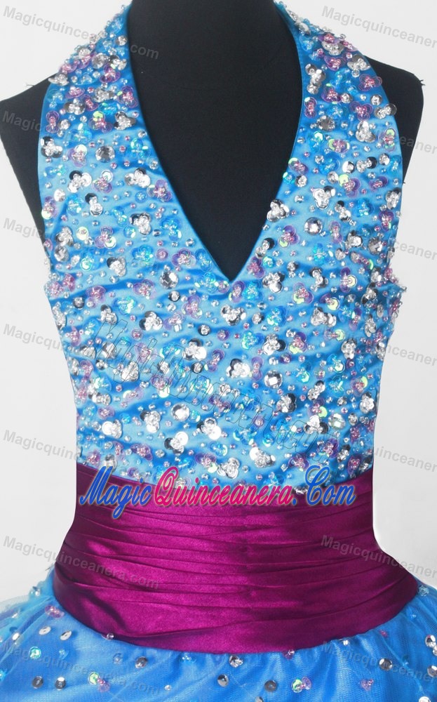 Halter Top Blue Beaded Little Girl Pageant Dress Purple Sash Accent