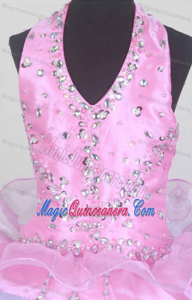 Pink and blue Beaded Halter Little Girl Pageant Dress with Ruffles