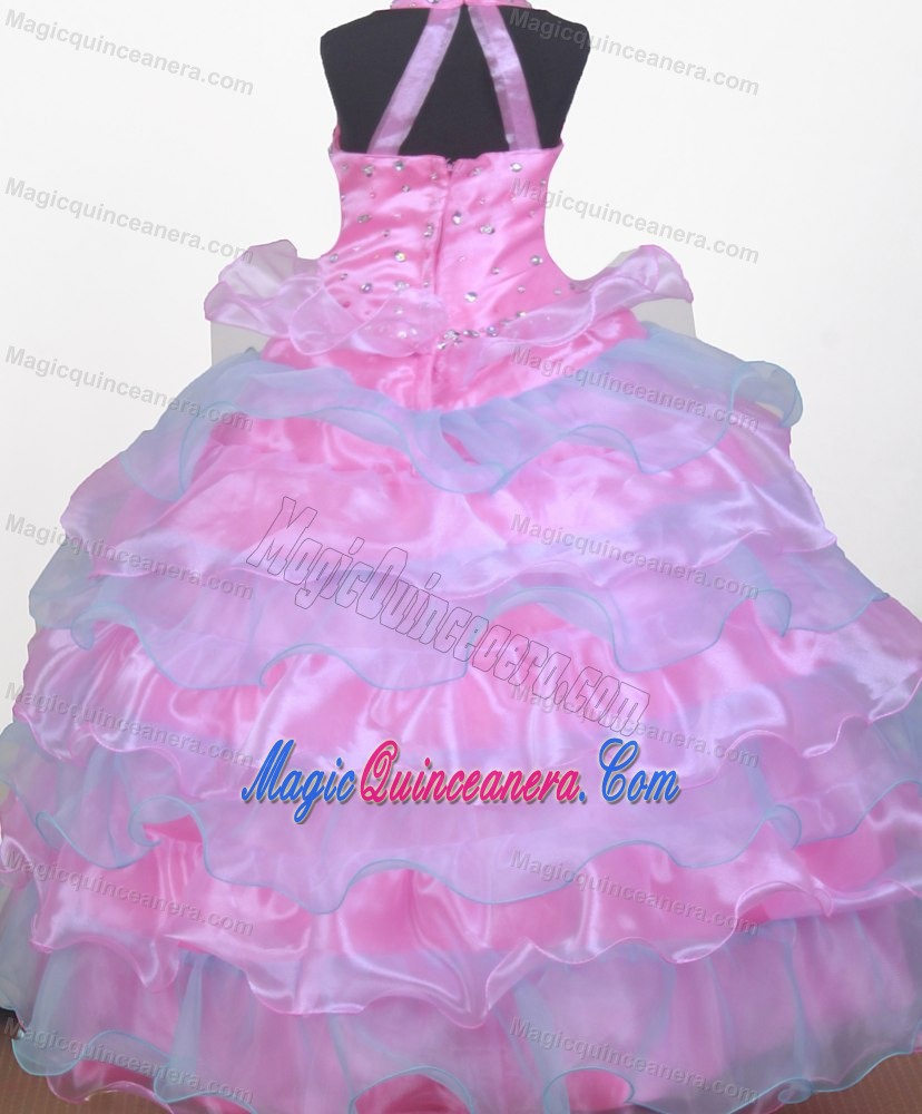 Pink and blue Beaded Halter Little Girl Pageant Dress with Ruffles