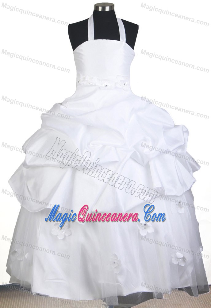 Halter Top Flowers with Beading White Little Girl Pageant Dress