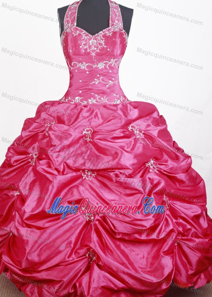 Pink Embroidery with Beading Halter Top Little Girl Pageant Dress