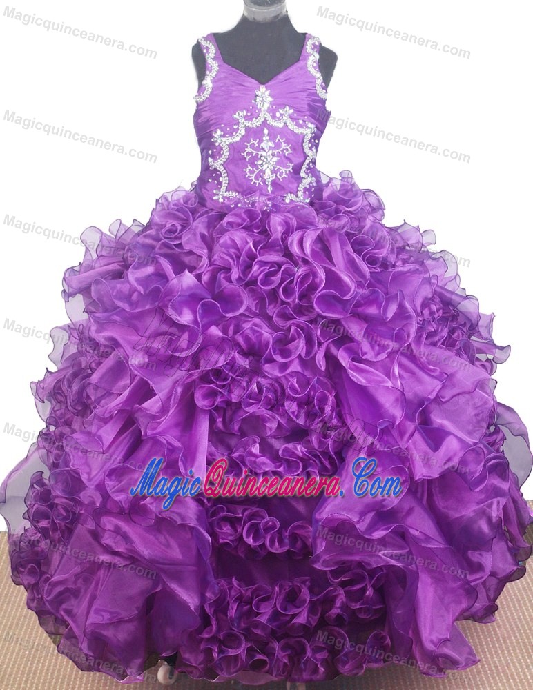Beading and Ruffles for V-neck Purple Little Girl Pageant Dress