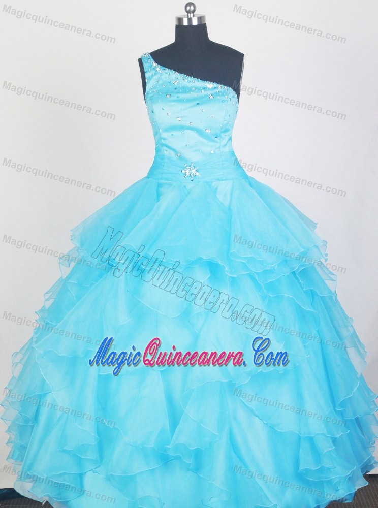 Aqua Blue One Shoulder Beaded Girls Pageant Dresses with Ruffles