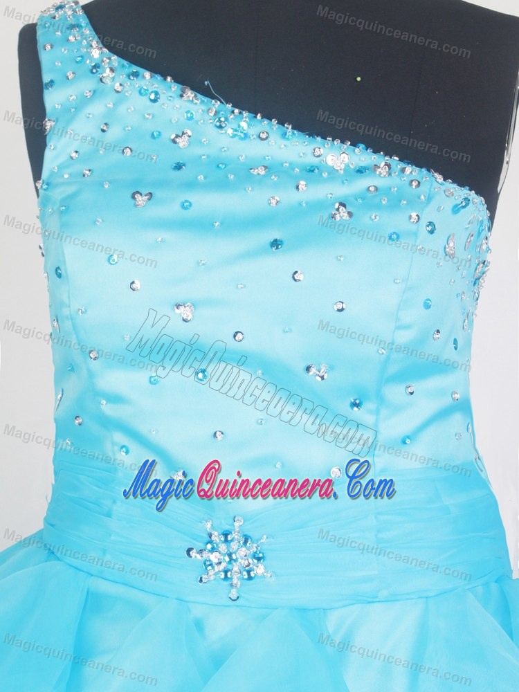 Aqua Blue One Shoulder Beaded Girls Pageant Dresses with Ruffles