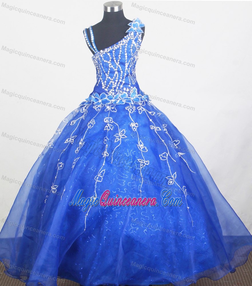 Beading and Flowers for Little Girl Pageant Dress in Royal Blue