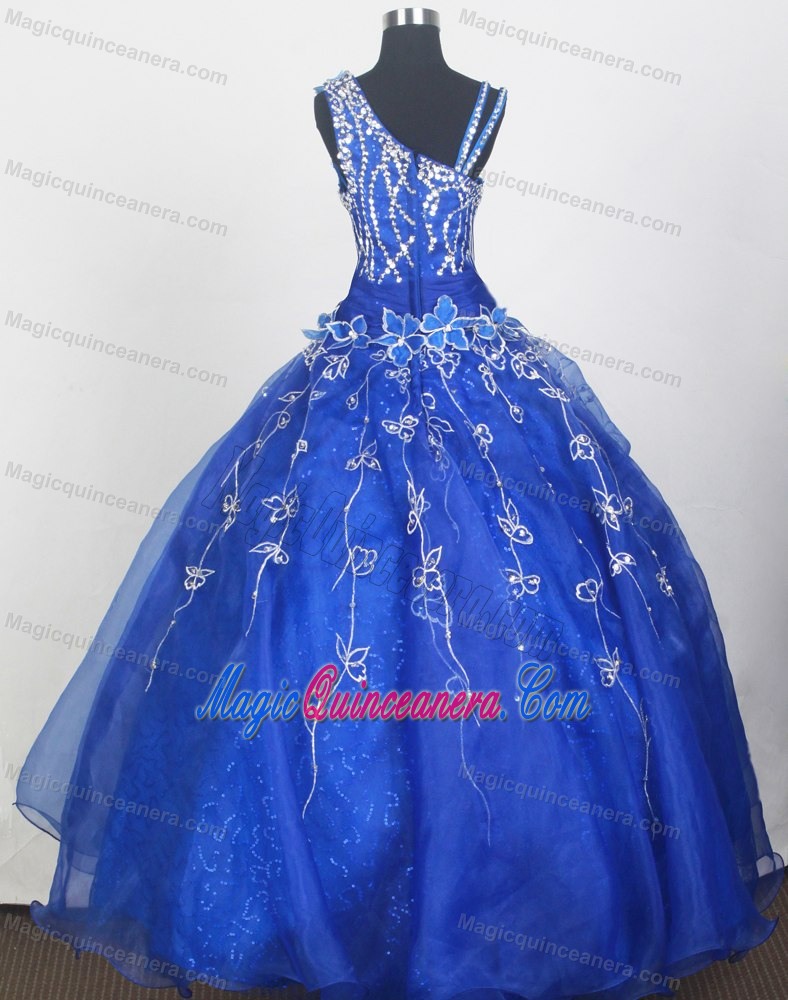 Beading and Flowers for Little Girl Pageant Dress in Royal Blue