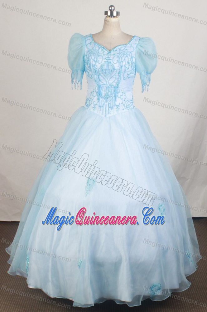 Short Sleeves and Beading for Girls Pageant Dresses in Light Blue