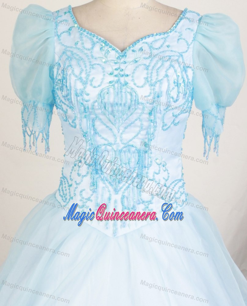 Short Sleeves and Beading for Girls Pageant Dresses in Light Blue