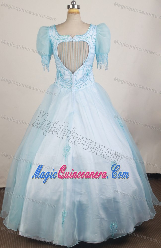 Short Sleeves and Beading for Girls Pageant Dresses in Light Blue