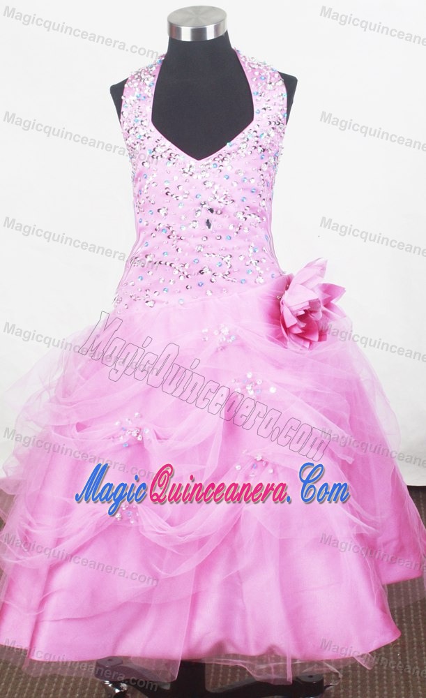 Halter and Hand Made Flower Beaded Pageant Dresses for Little Girl
