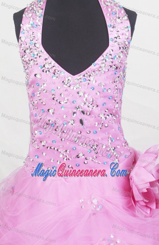 Halter and Hand Made Flower Beaded Pageant Dresses for Little Girl
