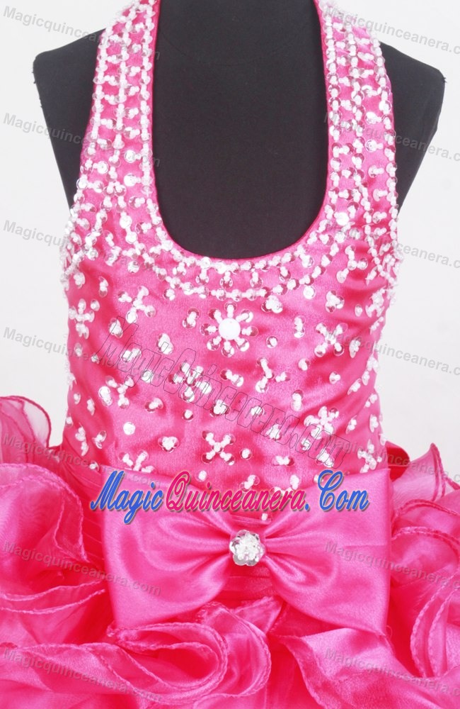 Ruffles and Bowknot for Halter Beaded Little Girl Pageant Dresses