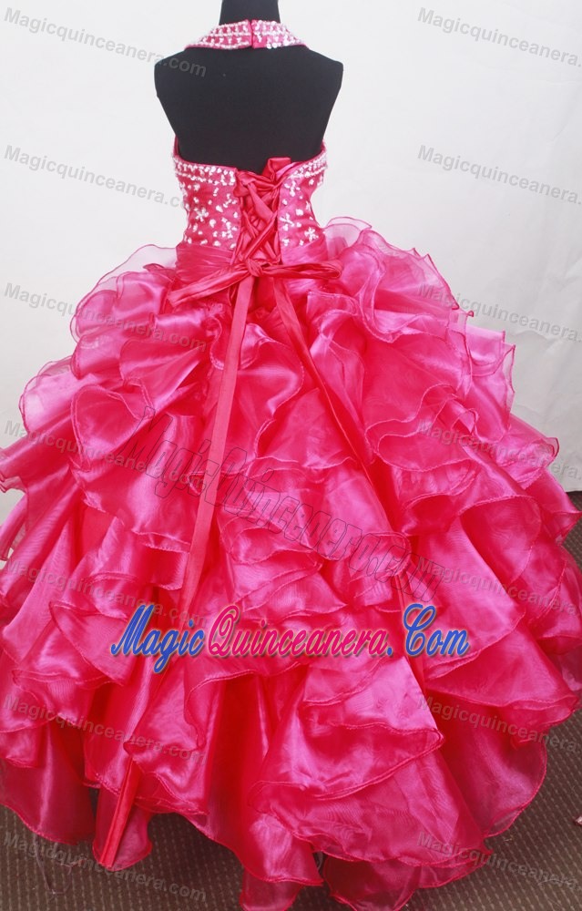 Ruffles and Bowknot for Halter Beaded Little Girl Pageant Dresses