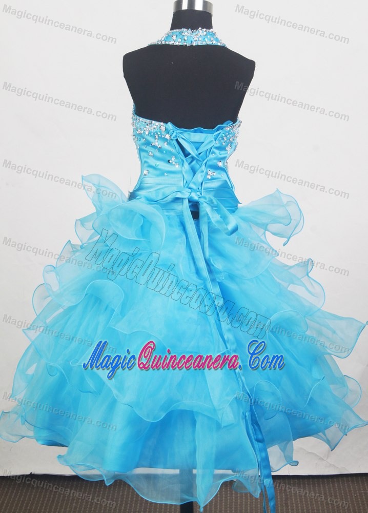 Ruffled Layers for Halter Little Girl Pageant Dresses in Aqua Blue