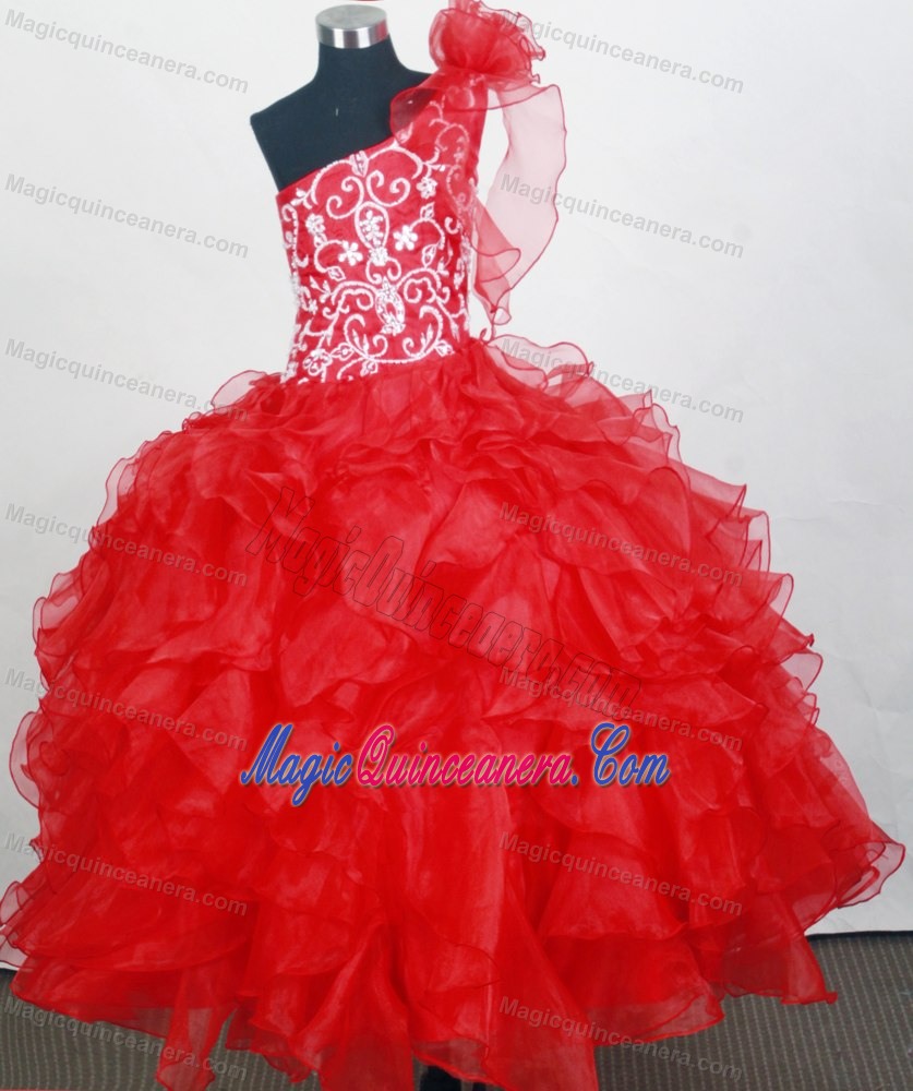 One Shoulder Glitz Pageant Dresses with Flowers and Ruffled Layers