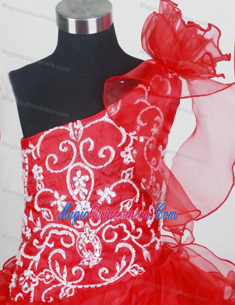 One Shoulder Glitz Pageant Dresses with Flowers and Ruffled Layers