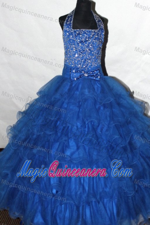 Beading and Ruffled Layers Decorate Halter Glitz Pageant Dresses