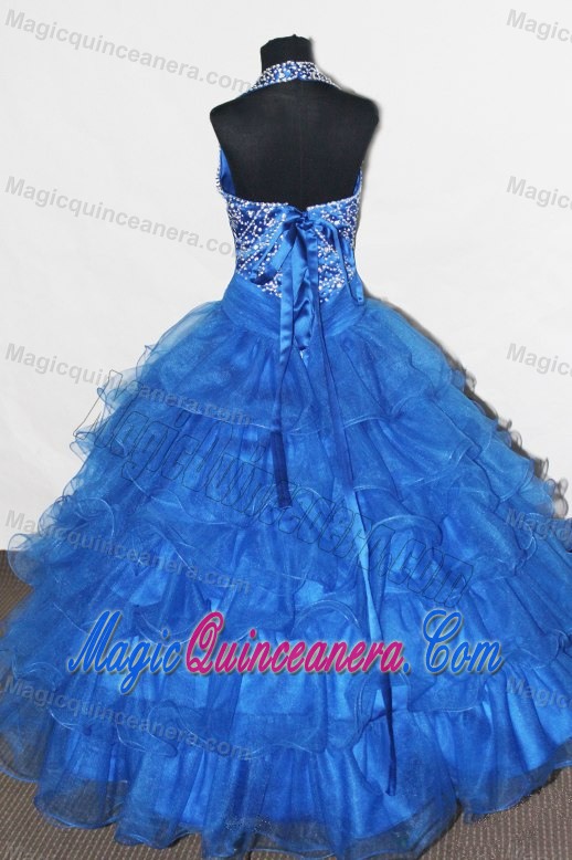 Beading and Ruffled Layers Decorate Halter Glitz Pageant Dresses