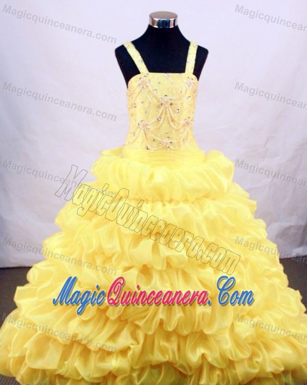 Yellow Straps Flower Girl Pageant Dress with Beading and Pick-ups