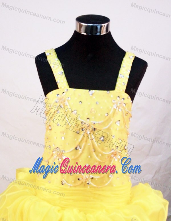 Yellow Straps Flower Girl Pageant Dress with Beading and Pick-ups