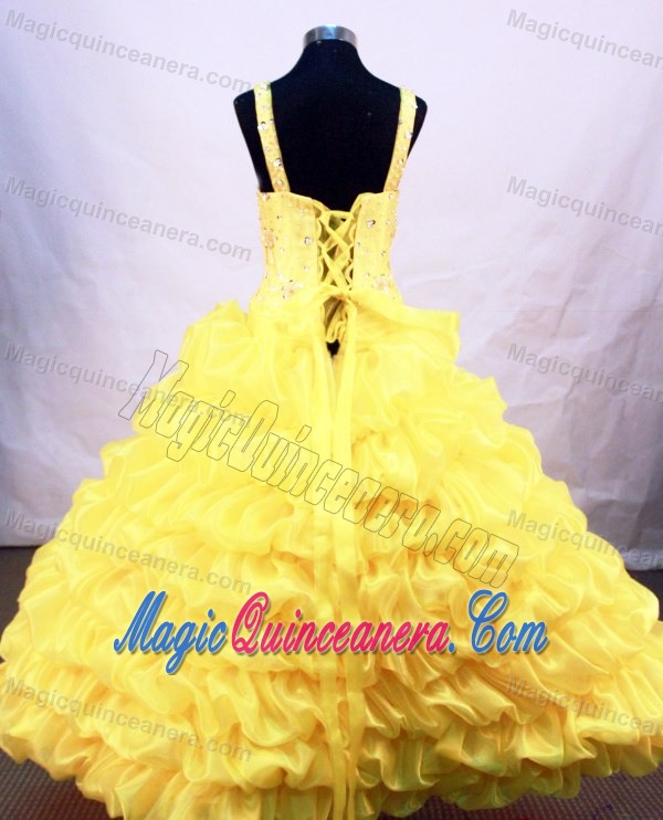 Yellow Straps Flower Girl Pageant Dress with Beading and Pick-ups