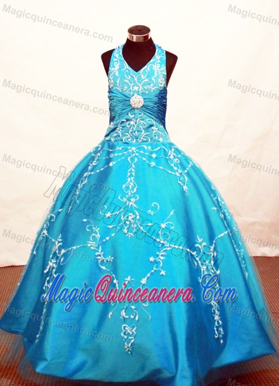 Colorado Blue Halter Flower Girl Pageant Dress Appliques Decorate