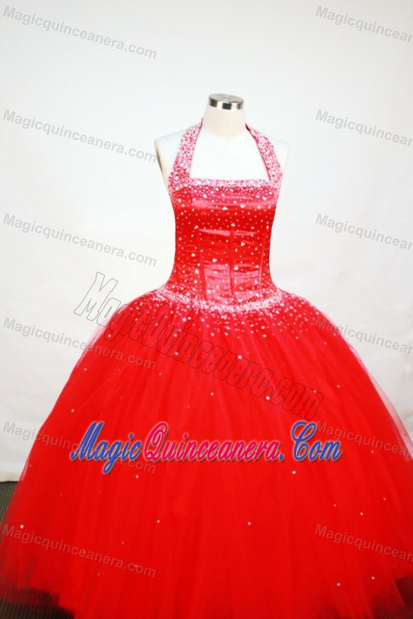 Customize Beading for Red Flower Girl Pageant Dress Halter Neckline