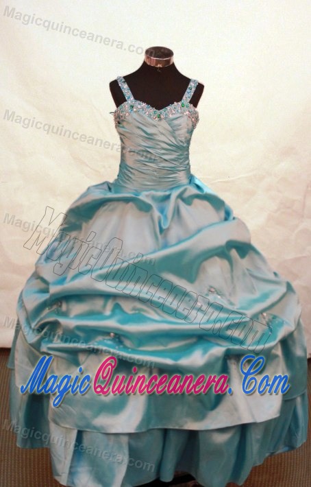 Blue Beading and Ruche Decorate Flower Girl Pageant Dress with Straps
