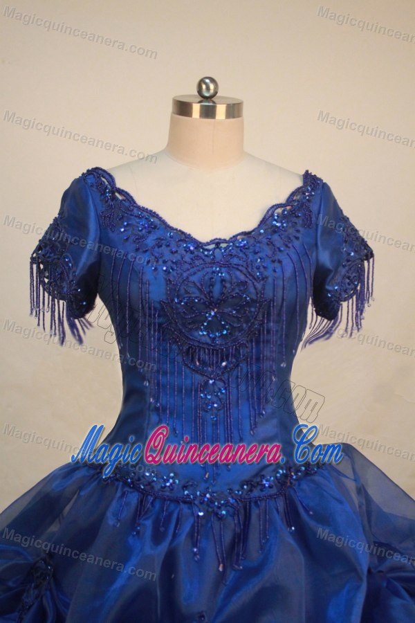 V-neck Short Sleeves Beading Decorate Flower Girl Pageant Dress in Blue