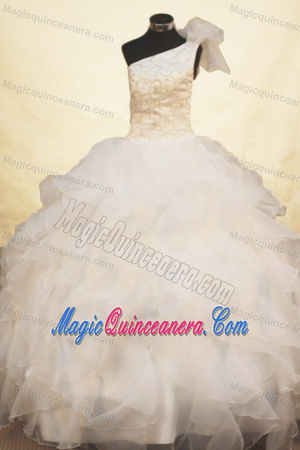 Beading Decorate White Flower Girl Pageant Dresses One Shoulder Style