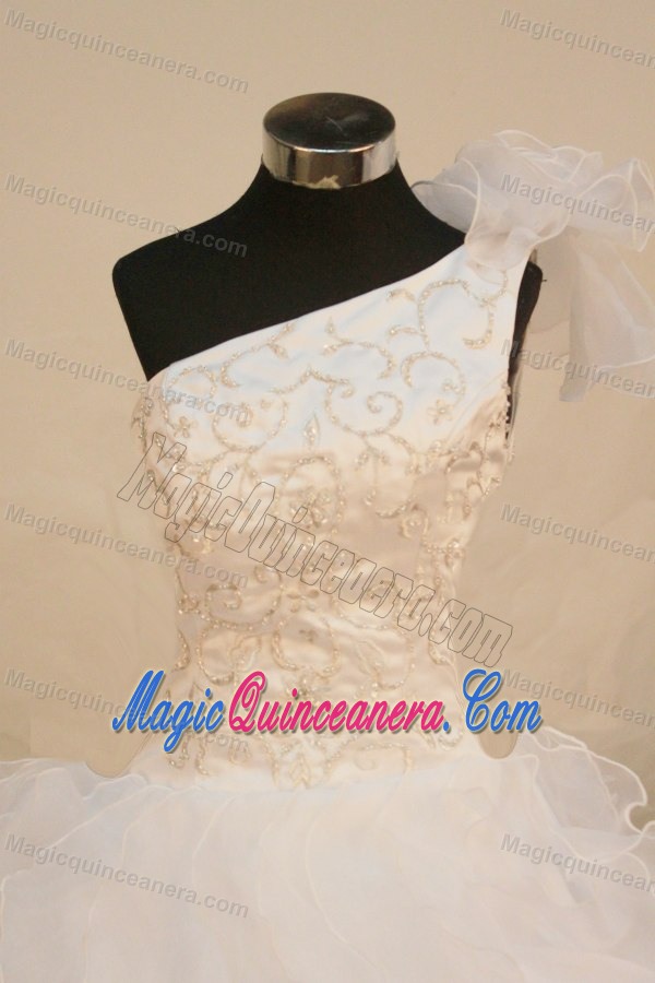Beading Decorate White Flower Girl Pageant Dresses One Shoulder Style