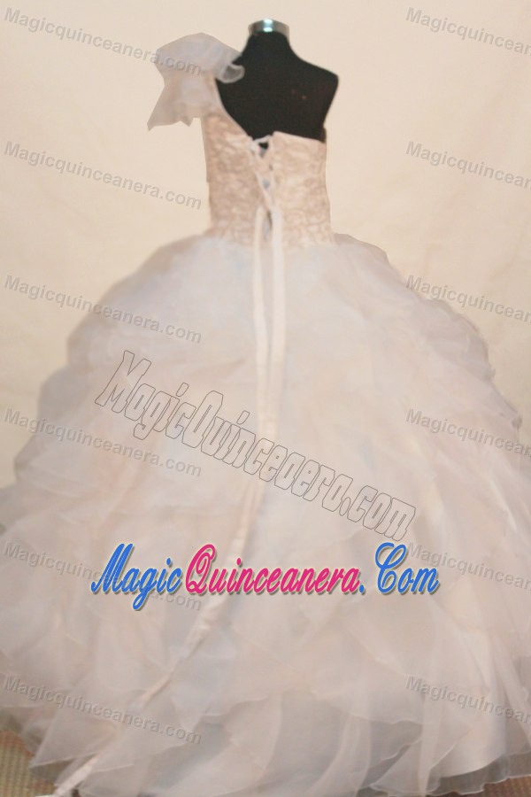 Beading Decorate White Flower Girl Pageant Dresses One Shoulder Style