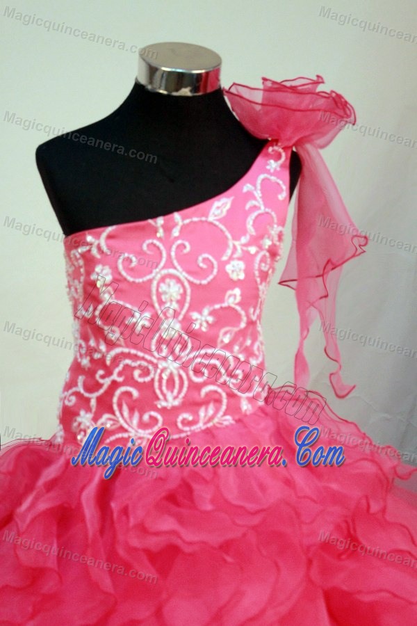 Hot Pink One Shoulder Glitz Pageant Dresses with Embroidery and Flower