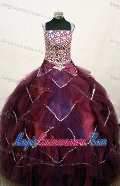 Square Neckline Burgundy Beading Decorate Flower Girl Pageant Dress
