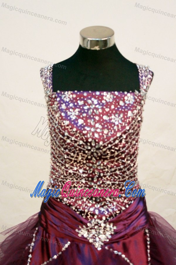 Square Neckline Burgundy Beading Decorate Flower Girl Pageant Dress