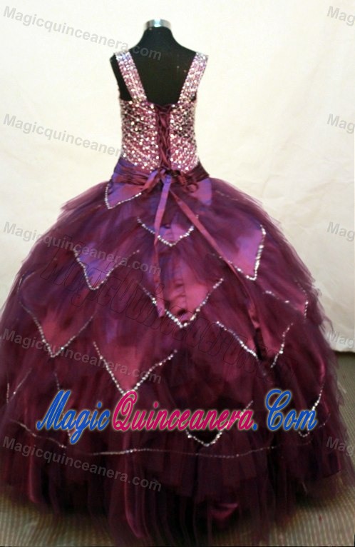 Square Neckline Burgundy Beading Decorate Flower Girl Pageant Dress