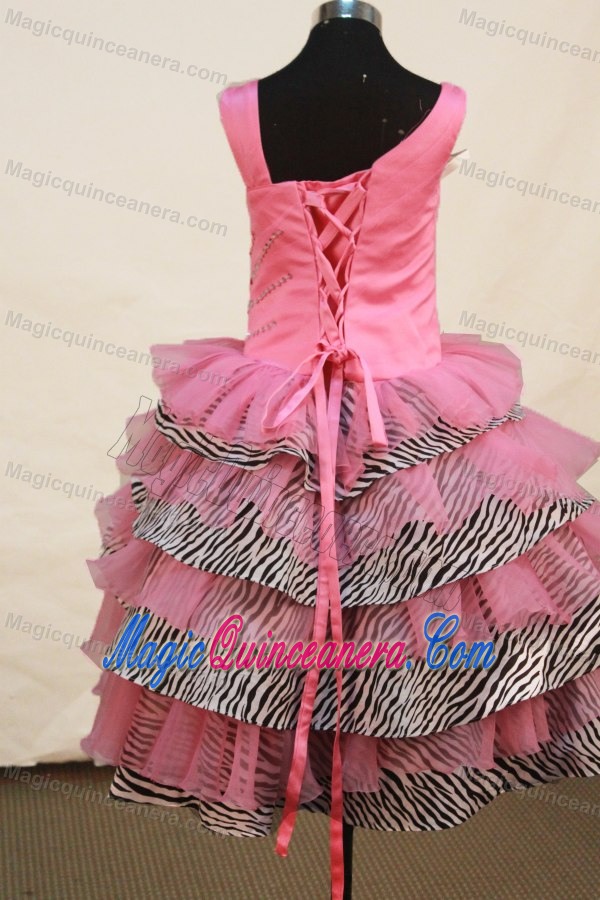Asymmetrical Neckline Rose Pink Girls Pageant Dresses with Beading