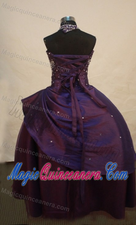 Dark Purple Beading Decorate Halter Arizona Flower Girl Pageant Dress