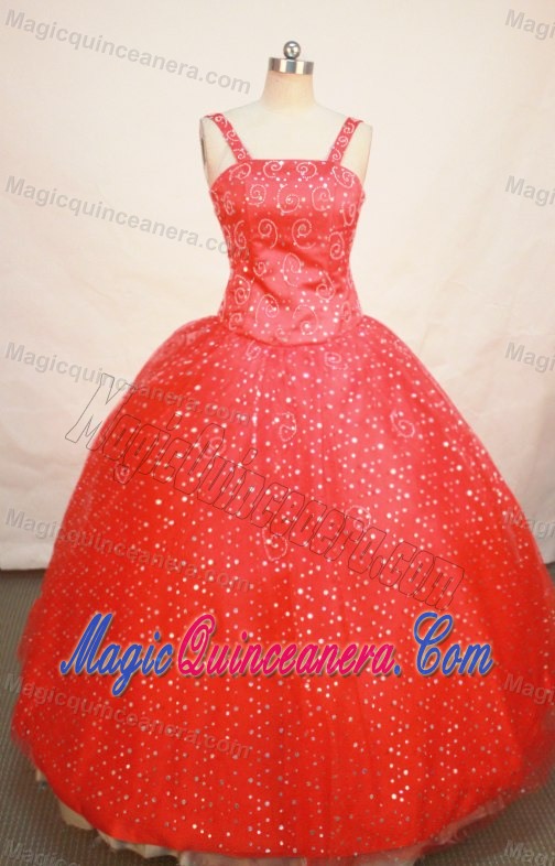 Straps Beading Decorate Sequin over Flower Girl Pageant Dress in Red
