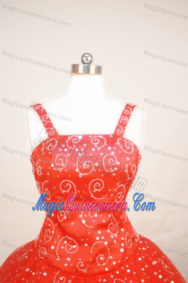 Straps Beading Decorate Sequin over Flower Girl Pageant Dress in Red