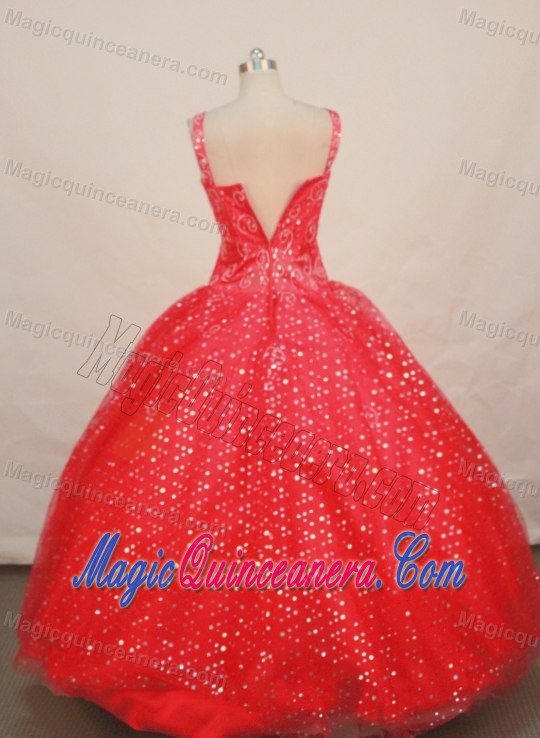 Straps Beading Decorate Sequin over Flower Girl Pageant Dress in Red