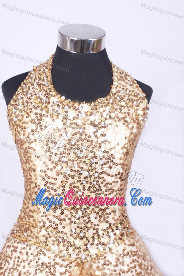 Gold A-line Halter Sequined Layers Glitz Pageant Gown in Montgomery