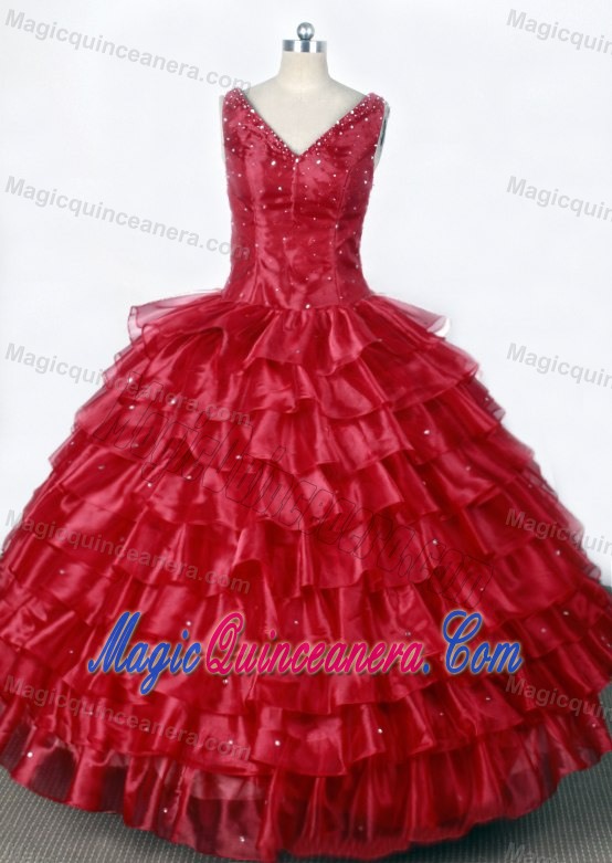 V-neck Ruffled Layers and Beading Red Little Girl Pageant Dress