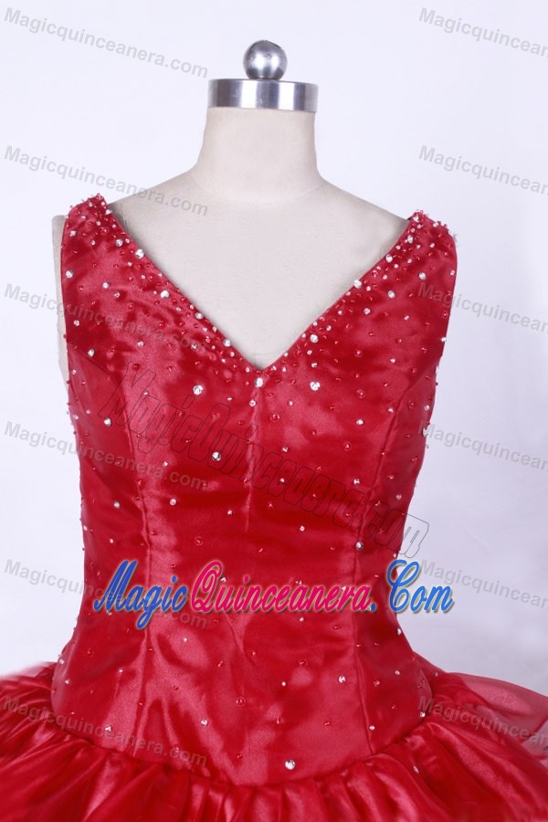 V-neck Ruffled Layers and Beading Red Little Girl Pageant Dress