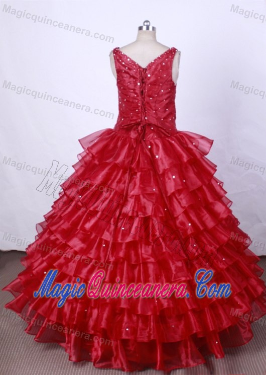 V-neck Ruffled Layers and Beading Red Little Girl Pageant Dress