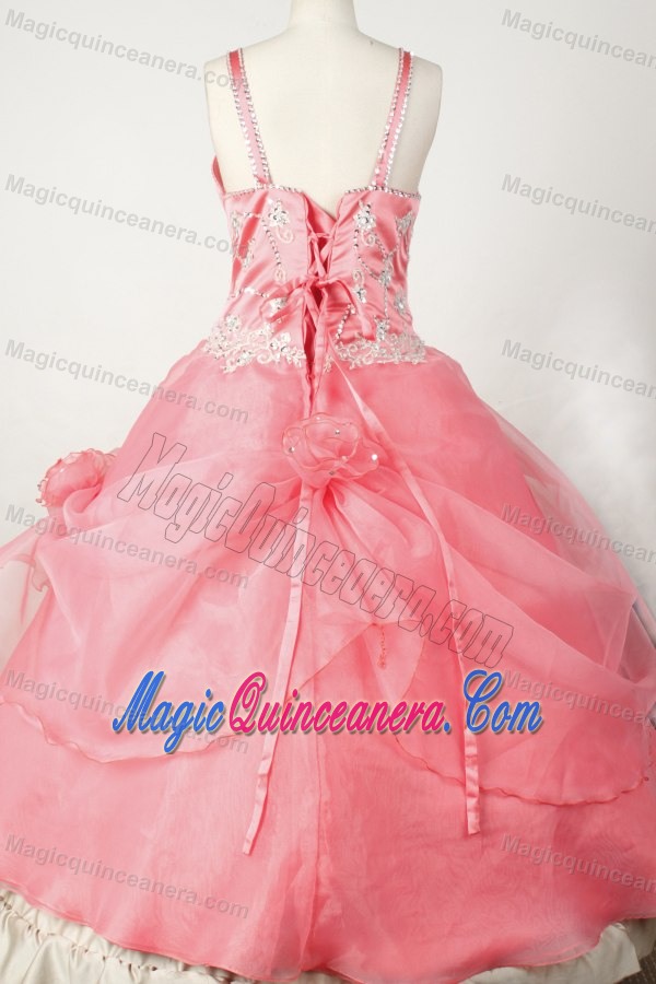 Coral Red Straps Pageant Gowns With Beading and Hand Made Flowers