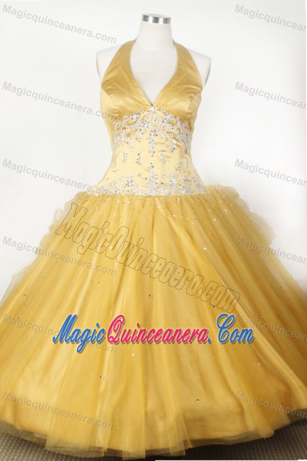 Gold Halter Appliques and Beading Organza Little Girl Pageant Dress