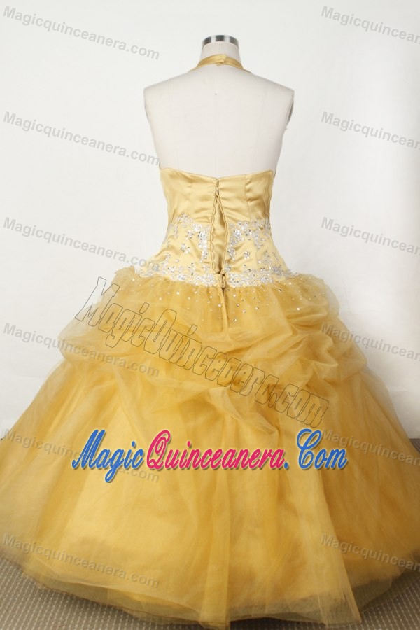 Gold Halter Appliques and Beading Organza Little Girl Pageant Dress