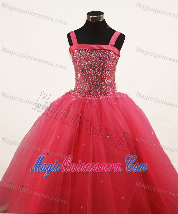 Wonderful Coral Red Straps Little Girl Pageant Dress With Beading